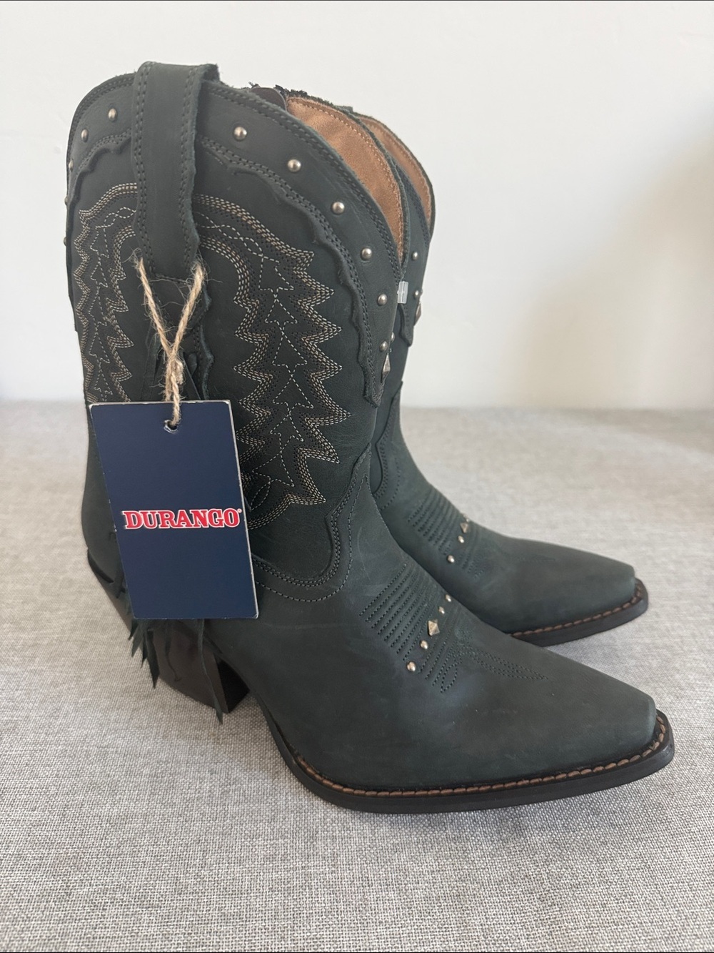 Durango Crush Western Fringed Booties Studded Snip Toe Charcoal Grey/Teal